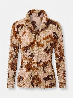 Ruffled Textured Button-Front Cardigan in Cream, Pink & Brown